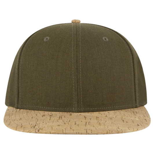 A mid-profile snapback cap featuring an olive green fabric top and a cork-patterned brim. It has a logo on the front.
