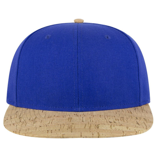A blue snapback cap featuring a cork patterned brim and a round button on top. It has a logo on the front.