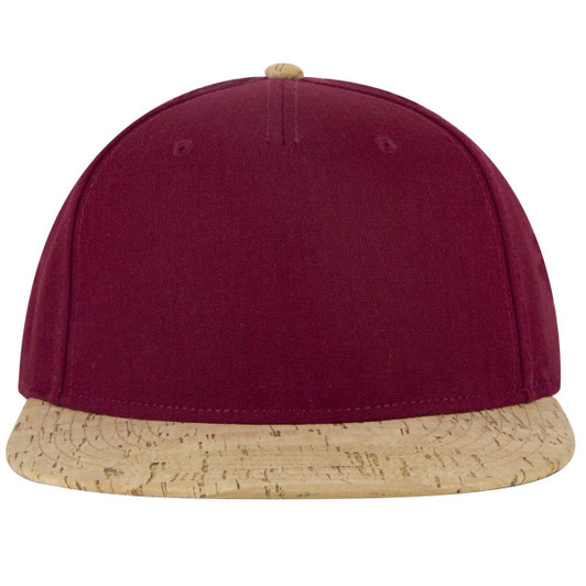 A snapback cap with a maroon top and a cork-patterned brim, featuring a logo on the front.