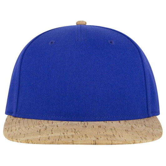 A cap featuring a blue crown and a cork brim, with a flat design and a logo on the front.