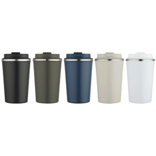 A drink bottle collection featuring five double wall vacuum tumblers in black, olive green, navy, beige, and white, each with a lid.