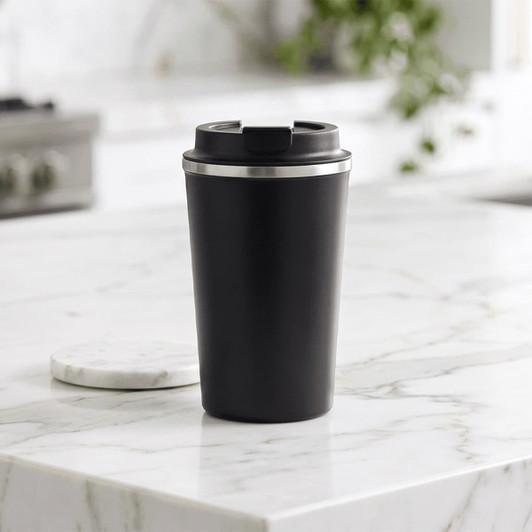 A drink bottle with a sleek black exterior and a stainless steel rim, featuring a lid and a logo.