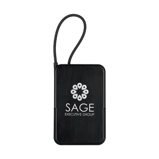 A black power bank with a textured surface and a braided strap, featuring a logo on the front.