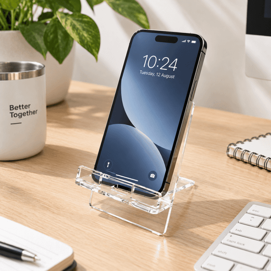 A clear acrylic phone stand displayed on a wooden desk, holding a smartphone with a digital clock visible.