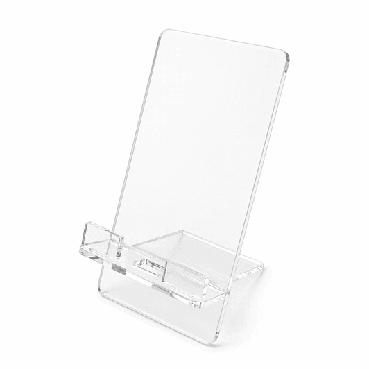 A clear acrylic phone stand with a sleek design, featuring a support base for displaying devices.