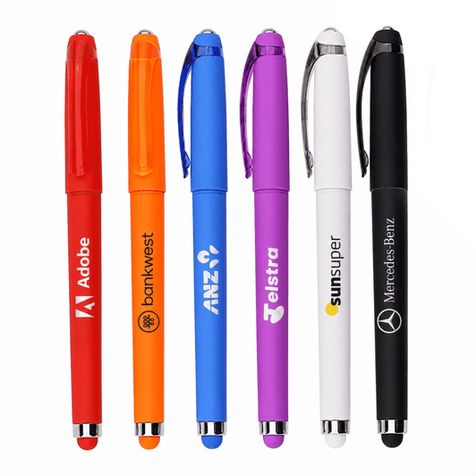A collection of six gel pens in red, orange, blue, purple, white, and black, featuring various branding.