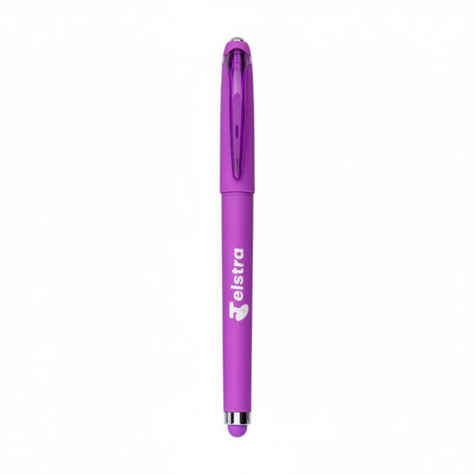 A purple fidget gel pen with a clip and a logo. The pen features a smooth design and a rounded tip.