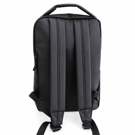 A black soft PU backpack featuring padded shoulder straps and a top handle for easy carrying.