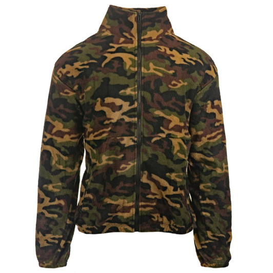 A full zip polar fleece jacket in a camouflage pattern featuring shades of green, brown, and tan. It has a logo at the front.