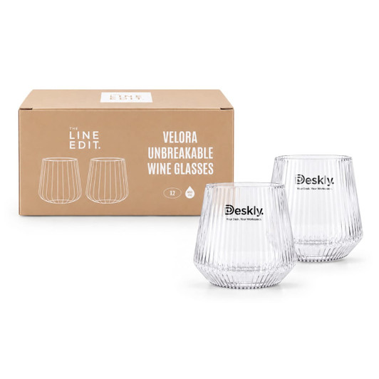 A drink set featuring two unbreakable wine glasses in a boxed set with a brand logo. The glasses are clear and textured.