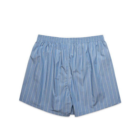 Light blue striped shorts with an elastic waistband. The garment features vertical white stripes and has a branding logo.