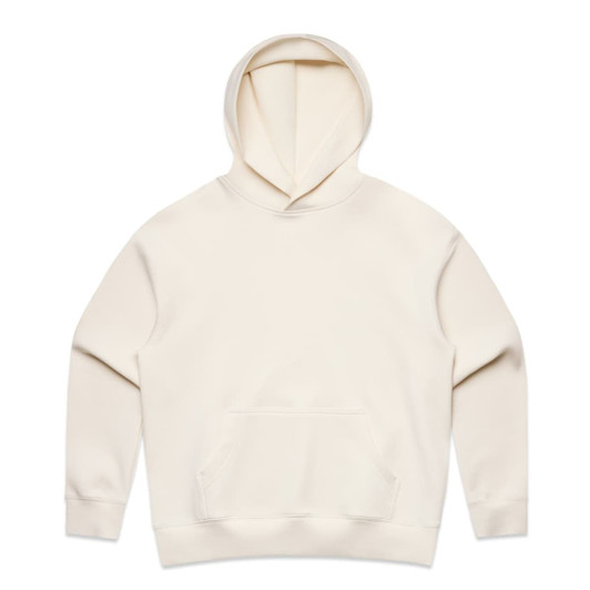 A cream-coloured hoodie featuring a front pocket and a hood. It has a branding logo on the material.