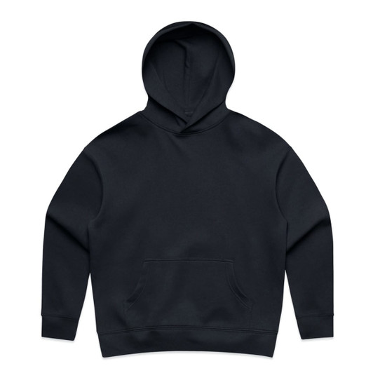 A navy hooded sweatshirt with a front pocket and a large hood. The fabric appears soft and warm.