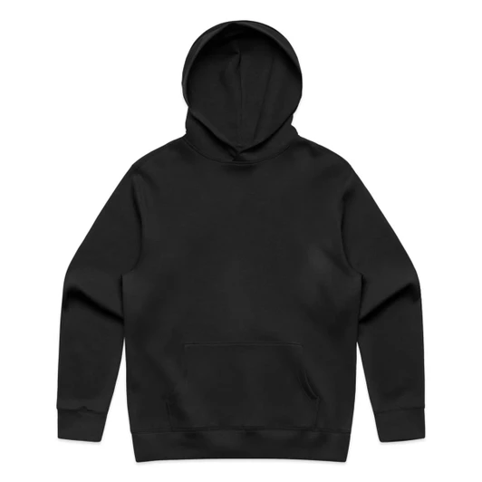 A black hooded sweatshirt with a front pocket and a logo. No additional features are visible.