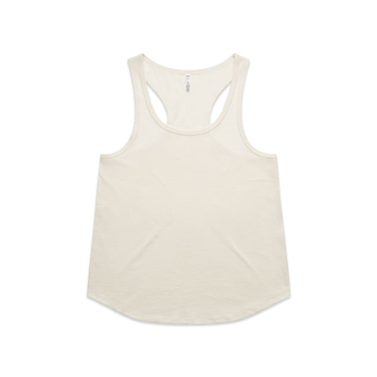 A cream-coloured racerback tank top with a rounded hem and a logo on the label.