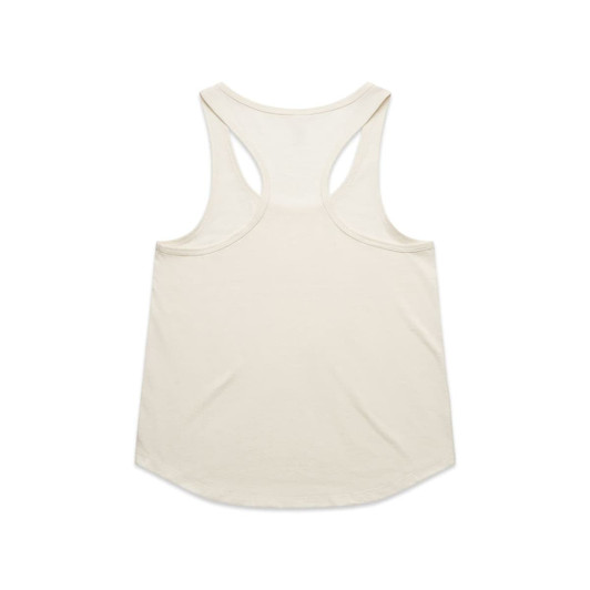 A light cream racerback tank top featuring a rounded hem and a logo tag.