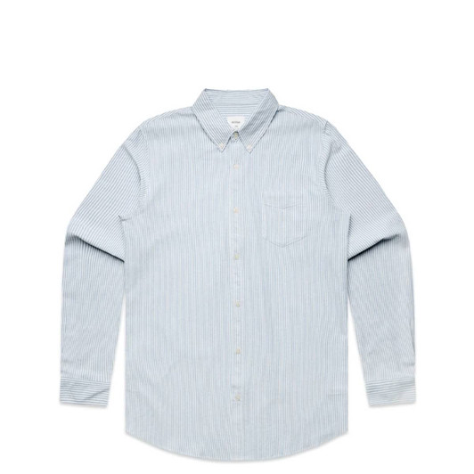 A light blue button-up shirt featuring a striped pattern and long sleeves. It has a chest pocket and a collar.