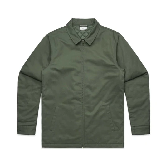 An olive green service jacket with a collar and two side pockets. The jacket features a logo.