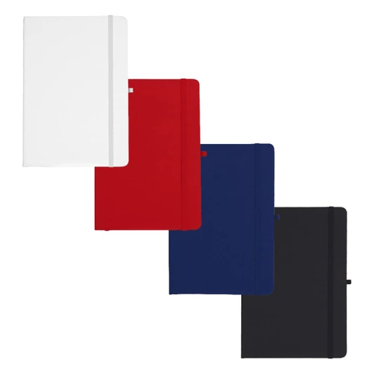 A collection of four A5 journals in white, red, navy, and black, featuring a logo on the cover.
