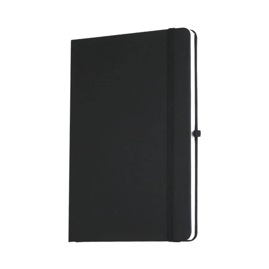A black A5 journal book with a hardcover and an elastic band closure. It features a logo on the cover.