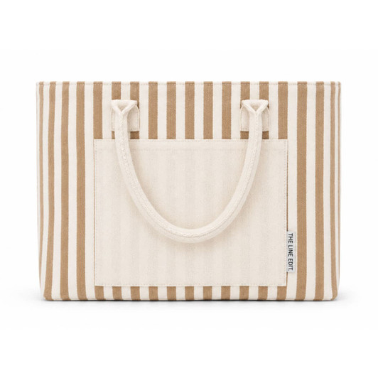 A striped tote bag with a cream and brown pattern, featuring two handles and a front pocket.
