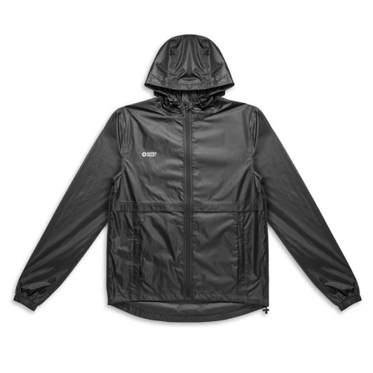 A black unisex windbreaker featuring a hood, full zip, and front pockets, with a logo present on the chest.