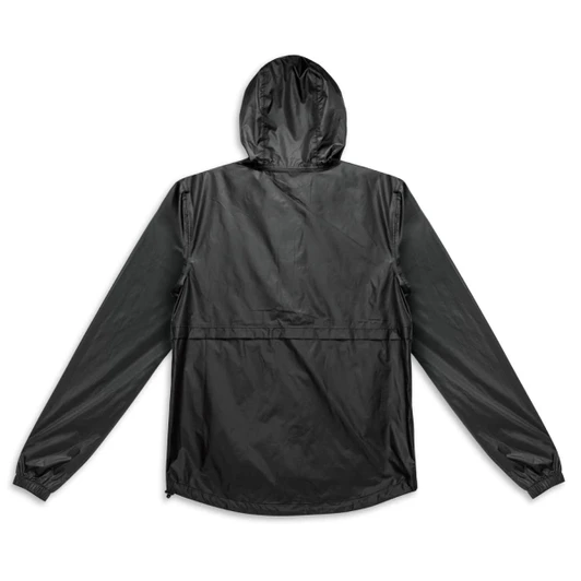 A unisex windbreaker in black with a hood and long sleeves, featuring a logo on the back.