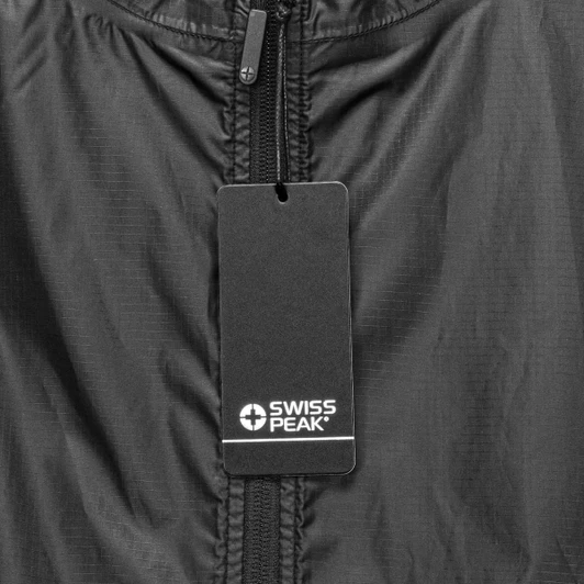 A black windbreaker with a zipper and a tag featuring a logo. The fabric appears lightweight and smooth.