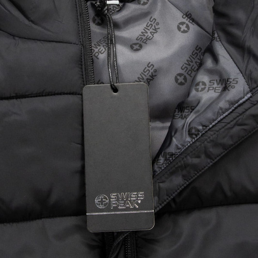 A black unisex puffer vest with a zip and an inner lining featuring a branding logo. A tag is attached.