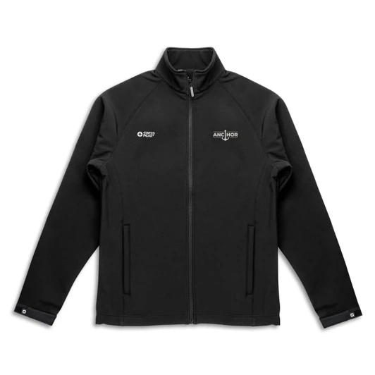 A black softshell jacket with a full zip and two side pockets, featuring a logo on the chest.