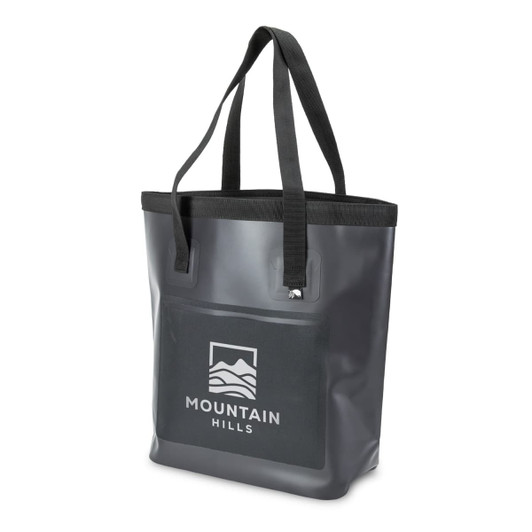A grey bucket bag with black handles and a logo on the front. The bag has a waterproof design.