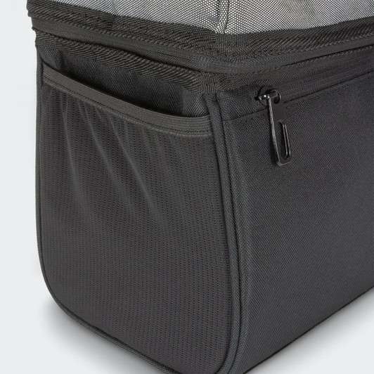 A dark grey cooler bag with a zippered pocket, featuring a mesh top for ventilation and a branded logo.