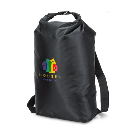 A black 20L dry bag with adjustable straps and a logo featuring multi-coloured houses.