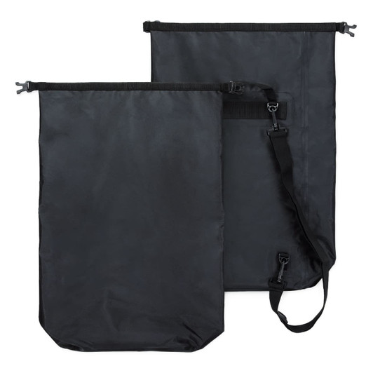 A black 20L dry bag featuring adjustable straps, a roll-top closure, and a branding logo.