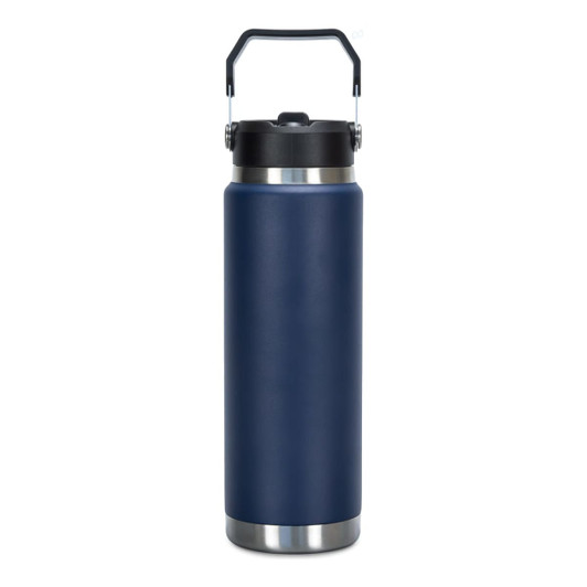 A drink bottle in navy blue with a stainless steel base and a black lid, featuring a handle for easy carrying.