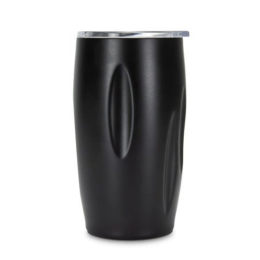A drink bottle with a sleek black design and a silver lid, featuring an ergonomic shape. Includes branding.