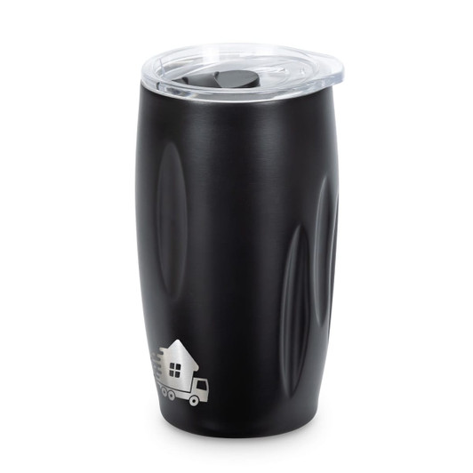 A drink bottle with a matte black finish and a clear lid, featuring a subtle logo design.