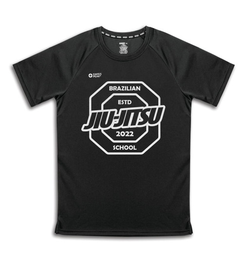 A black unisex T-shirt with a graphic design featuring a logo and text related to Brazilian Jiu-Jitsu.