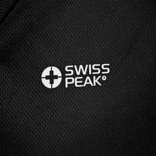 A black unisex T-shirt featuring a logo on the front. The fabric appears textured and breathable.