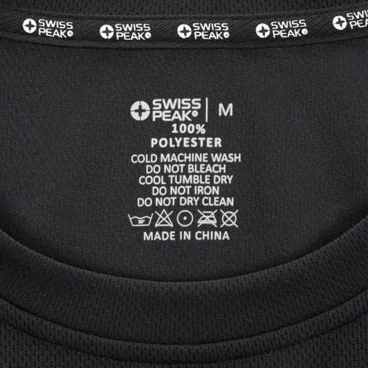 A black unisex t-shirt made from 100% polyester, featuring care instructions and a brand logo inside the collar.