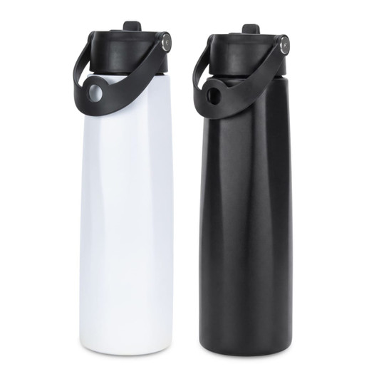 A drink bottle set featuring a white and a black 1L bottle, both with a secure lid and carry handle.
