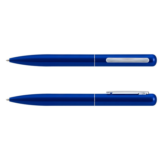 A blue metal pen with a sleek design, featuring a silver clip and a polished barrel. It includes a logo.