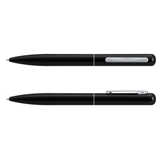 A black metal pen with a sleek design, featuring a silver clip and detailing. The pen is presented from two angles.