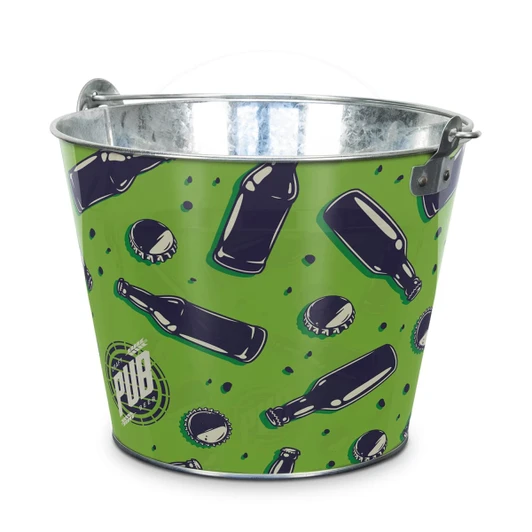 A metallic ice bucket featuring a vibrant green design with illustrations of bottles and caps, along with a logo.