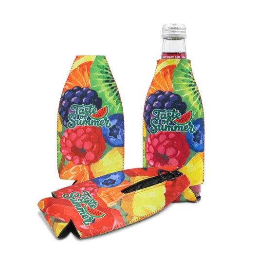 A drink bottle cooler featuring a vibrant fruit pattern in multiple colours, including red, yellow, and green, with a logo.
