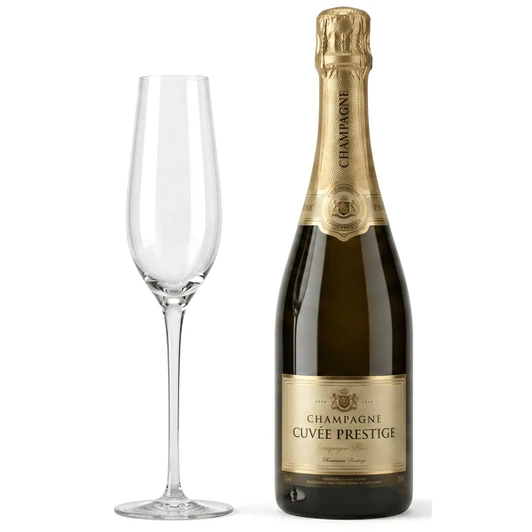 A bottle of champagne with a gold label beside a clear glass flute. The items are set against a plain background.
