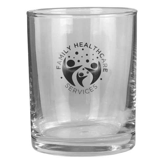 A clear rocks glass featuring a logo with a design and text related to family healthcare services.
