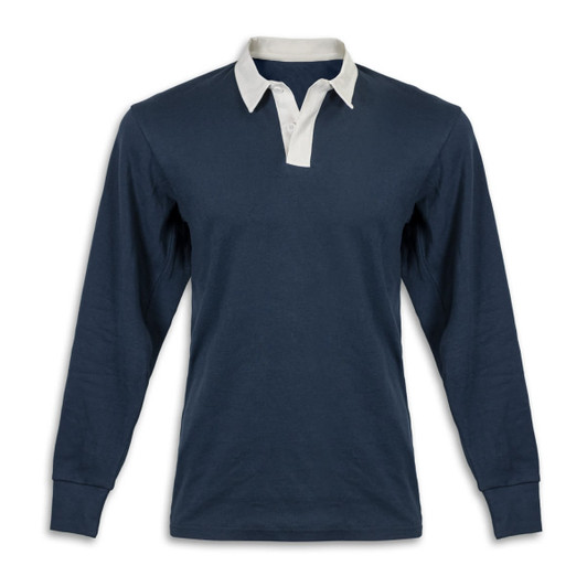 A navy blue unisex rugby jersey with a white collar and long sleeves, featuring a logo.