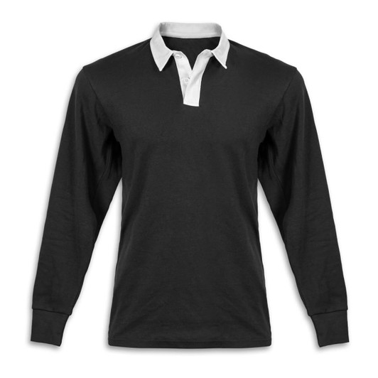 A black unisex rugby jersey with long sleeves and a white collar. It features a logo on the front.