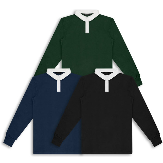 A rugby unisex jersey featuring three colour options: dark green, navy blue, and black, with a white collar and branding.